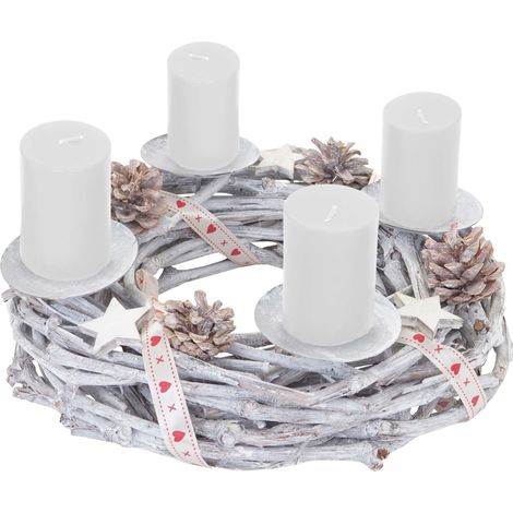 Tischkranz rund, Weihnachtsdeko Adventskranz, Holz Ø 30cm weiß-grau mit Kerzen, weiß