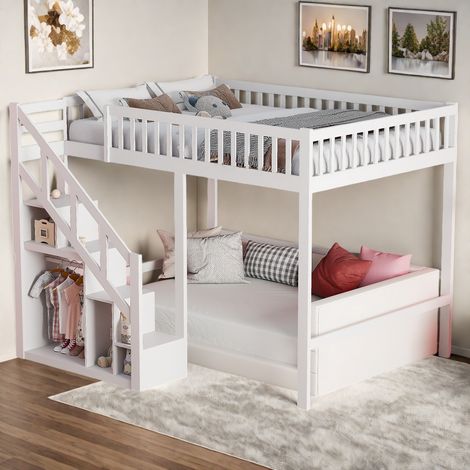 Lit mezzanine enfant 140x200cm,Lit superpose 2 places avec Escalier rangements, placard de rangement, protection antichute et barreaux, sommier à lattes - Blanc (1/5)