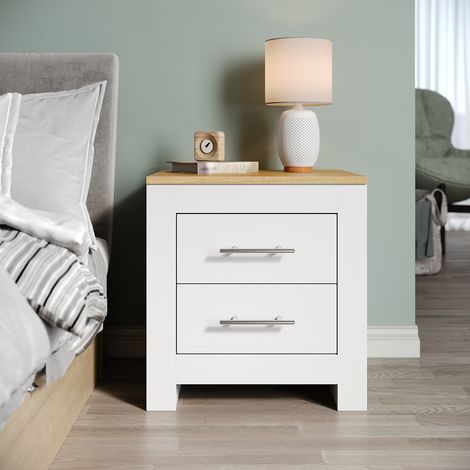 ELEGANT 2 Drawer Bedside Table Cabinet Chest Nightstand Bedroom Furniture White/Oak 450x395x480mm (1/5)