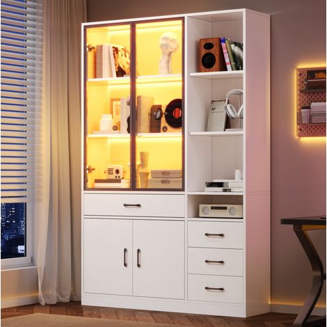 Vetrina libreria 120x35x200 cm bianca in pannello truciolare con LED, 4 cassetti e 2 ante in vetro (1/5)