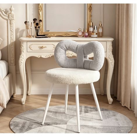 Wilitto - Tabouret rembourré - tabouret de coiffeuse, avec coussin d'assise en mousse, dossier en forme de nœud papillon, capacité de charge de 150 kg,tissu imitation laine, 43 × 35 × 73 cm, gris-blan (1/5)