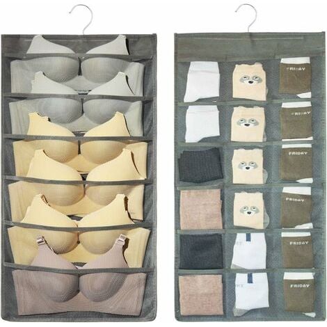 Sac de rangement double face pour penderie avec crochet en métal rotatif (24 poches, gris) (1/2)