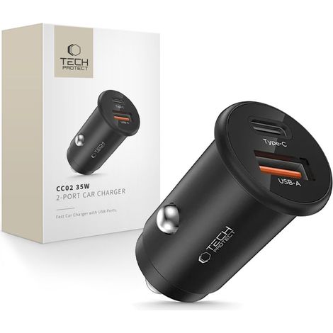 Caricabatterie da auto Tech-Protect CC02 a 2 porte PD35W/QC3.0 nero