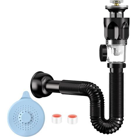 Spülbecken-Abflussstopfen, flexibler Abflussschlauch, Spülbecken-Siphon, geruchs- und insektenabweisendes Spülbecken-Abflussset, ausziehbar von 290-1000 mm, Küchenspülen-Siphon (Schwarz) (1/5)