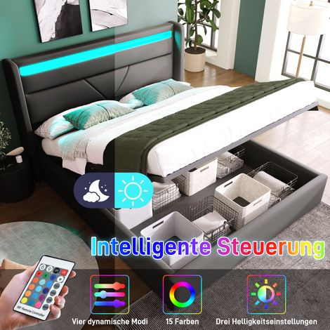 Coffre de lit hydraulique double 160x200 cm avec éclairage LED et télécommande, sommier rembourré gris, lit rangement fonctionnel avec bande lumineuse, structure renforcée. (1/5)