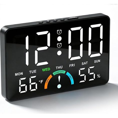 Sveglia digitale XL, moderna sveglia da tavolo, temperatura e umidità, grande display LED 16x10 cm, nera (1/5)