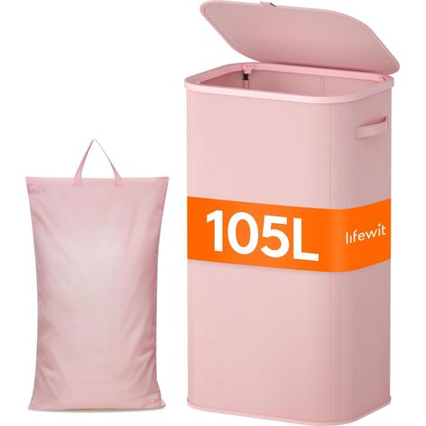 Panier Linge Sale, Bac Linge avec Couvercle, Corbeille Linge avec Plastique Poignées et Sac Linge, Laundry Basket pour Buanderie, Chambre, Salle de Bain, 105 L, Rose (1/5)