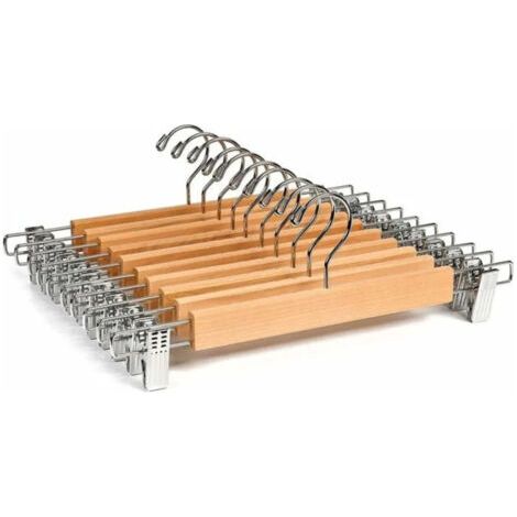 Ein Set aus 10 Kleiderbügeln aus Naturholz, 36 cm lang, geeignet für Hosen, Röcke, Socken und Unterwäsche, mit rutschfesten Clips.