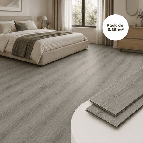 Sol vinyle SPC clipsable 5,85 m² chêne gris - Sous couche intégrée, usure 0,5 mm - Coloris - Chêne gris (1/5)