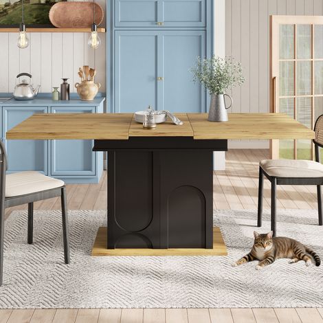 Ausziehbarer Esstisch 110–140 x 80 cm mit Stauraum, für 2–6 Personen, MDF Schwarz/Holz (1/5)