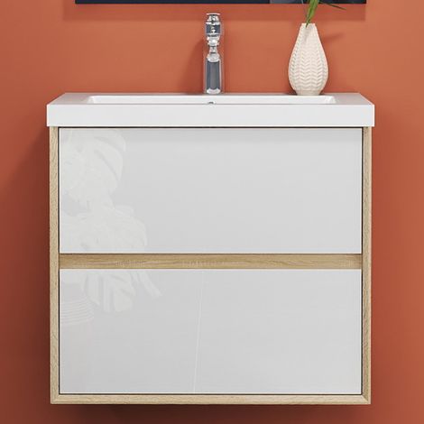 AICA Bathroom Vanity Unit 600x400x520mm MDF Wall-mounted,Matte White&Oak Color,Dual-drawers Silent track,Detachable + Artifical Stone Basin