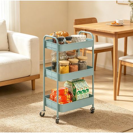 Carro auxiliar con ruedas (45x30.6x79 cm), 3 cestas abiertas, asas en U, acero, azul claro (1/5)