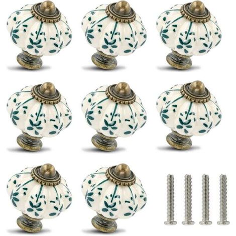 Set mit 12 elfenbeinfarbenen und grünen Keramikknöpfen für Schränke und Kommoden – Vintage-Retro-Griffe mit Schrauben für Schubladen, Schränke und DIY-Projekte – KZQ