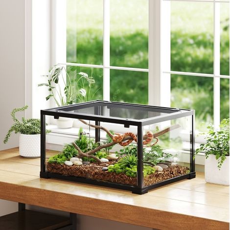 Terrario de vidrio 86 L con puerta corredera y cerradura, 60 x 45 x 32 cm, negro OKMYHOME (1/5)