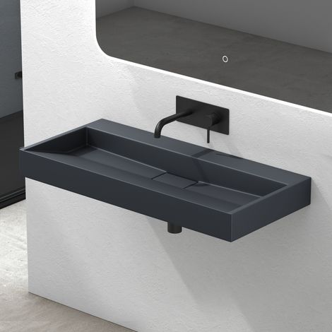 Mai & Mai Lavabo Salle de Bains Vasque Suspendu Gris Noir Mat 100x46x11cm Vasque à Poser Rectangulaire sans Perçage Col19
