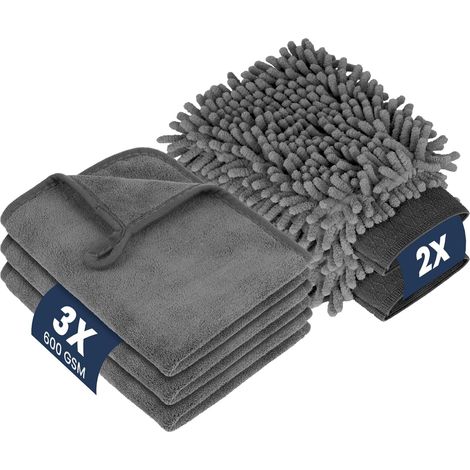 Set di 5 pezzi per la pulizia dell'auto, con panno da 600 g/m² e guanti morbidi a doppia faccia, 3 panni in microfibra per auto e 2 guanti per il lavaggio, antigraffio per (1/5)