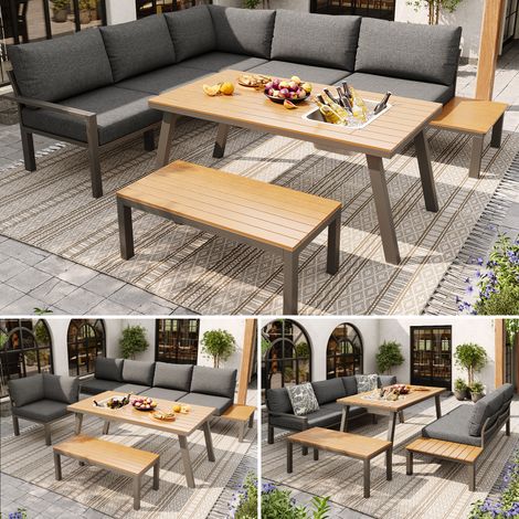 Modulares Gartenmöbelset aus Metall und Holzimitat mit Kühltisch, Outdoor-Möbelset für Terrasse und Balkon, Grau