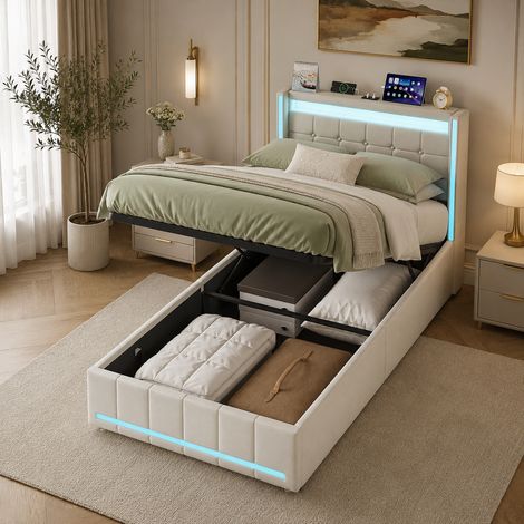 Lit Coffre 90x200 cm avec éclairage LED et USB, Lit Simple avec Espace de Rangement Hydraulique, Lit Rembourré avec Sommier à Lattes, Cadre de lit 1 Personne, sans Matelas, Lin, Beige (1/5)