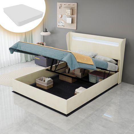 Lit coffre 140x200 cm avec LED, tête de lit réglable en velours beige et matelas inclus - PANGIVO (1/5)