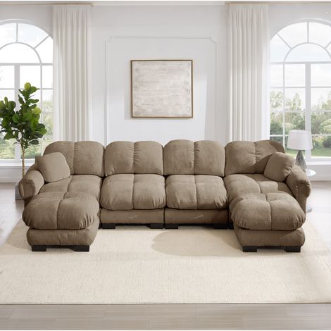 Divano modulare a U 330x149x90 cm, in tessuto Chenille, con seduta imbottita, cuscino mobile, marrone (1/5)