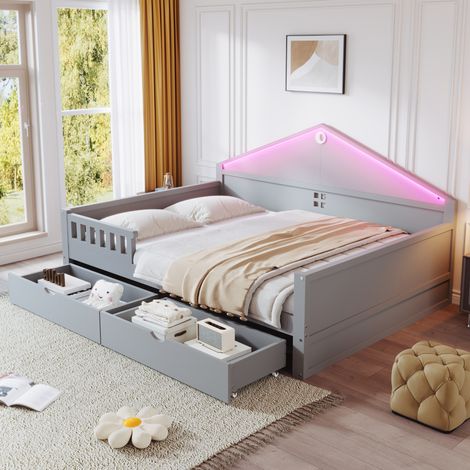 Letto singolo 140x200 cm con cassetti e striscia LED, grigio OKMYHOME (1/5)