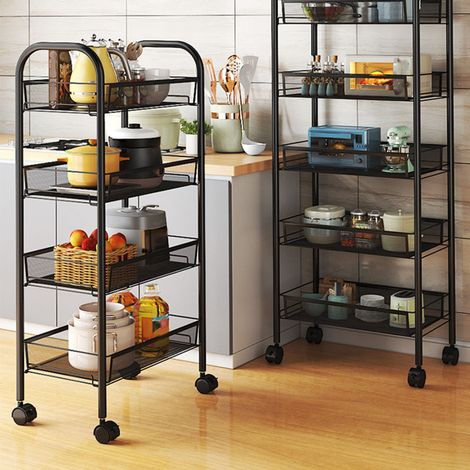 Chariot de rangement à roulettes, étagères de rangement à plusieurs niveaux, paniers à légumes et collations multifonctionnels et mobiles, étagères de cuisine noires à quatre niveaux (1/5)