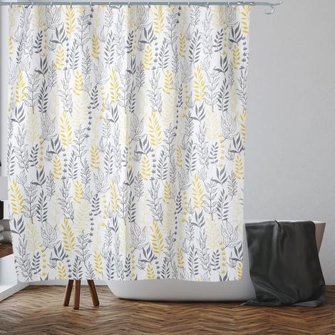 APEX Rideau de douche à motifs de feuilles grises et jaunes, anti-moisissures et résistant à la rouille  Dimensions : 28 x 18 x 5 cm  Tissu déperlant  100 % polyester (1/5)