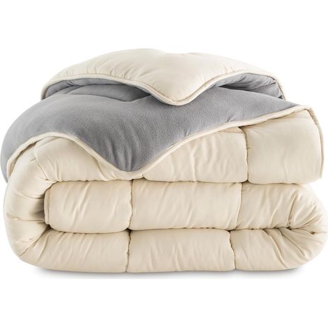 - 140 x 200 cm doppelseitige Fleece-Bettdecke, Grau und Creme, 400 g