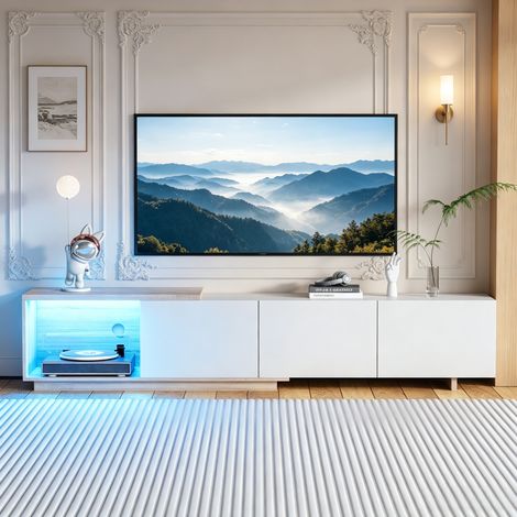 JOOKGBD-TV-Schrank 240x38x44 cm mit LED-Beleuchtung,ausziehbarer Fernsehtisch 163-240 cm,Lowboard mit 3 Schubladen und offenen Fächern, Hochglanz Schwarz und Naturholzoptik,für Wohnzimmer,Weiß