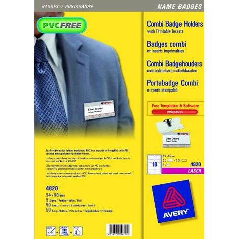 Avery Kit Portabadge Combi 4820 Con Spilla E Clip, 50 Portabadge + 50 Inserti Stampabili, 54x90 mm, Trasparente (1/3)