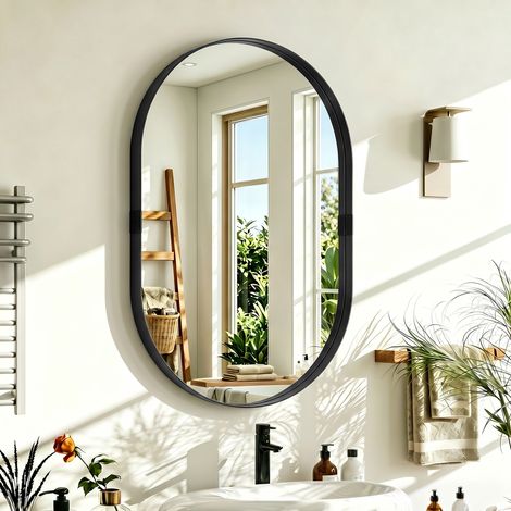 Miroir décoratif mural 60x90 cm en verre trempé avec cadre aluminium noir, idéal pour chambre, salon ou couloir (1/5)