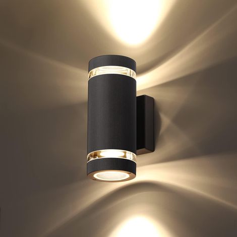 Outdoor Wall Lights Up Down, Outside Wall Lights Mains Powered, IP65 Waterproof Porch Light Front Door Lamp Modern GU10 Aluminium, External Round LED Wall Lighting Sconce for House, Black (1/3)
