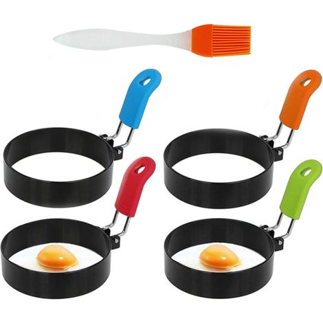 EASYCOMFORT Lot de 4 anneaux d'œufs antiadhésifs Muffins à frire Pancake Anneaux d'œufs frits ronds avec une brosse en siliCône-Fei Yu (1/5)