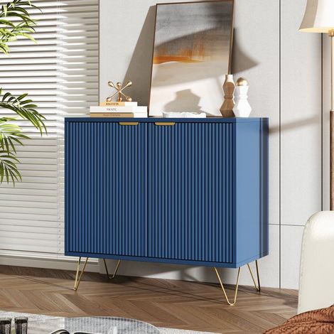 Comò - Doppia porta 80 x 40 x 78 cm - Blu navy e oro - Stile scandinavo moderno - Strisce verticali (1/5)
