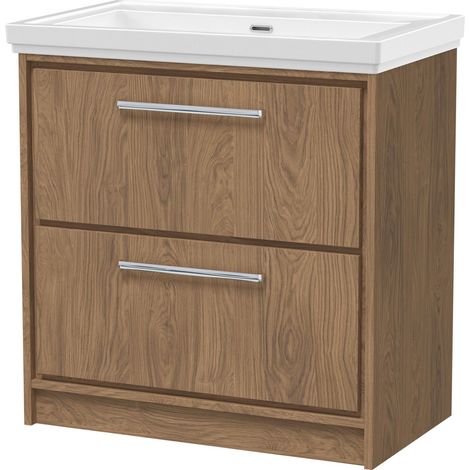 Longnor 2 Drawer Floor Standing Vanity Unit with 0 Tap Hole Traditional Fireclay Basin, Antique Oak, 800mm
