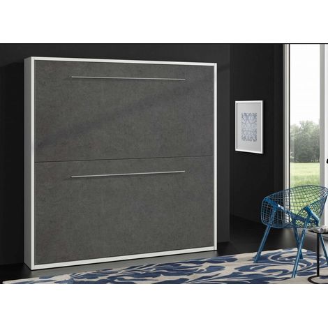Lit escamotable superposé gris béton 2 couchages 80x190 cm Spaky - Version 1 barrière latérale + 2 barrières de tête (1/3)