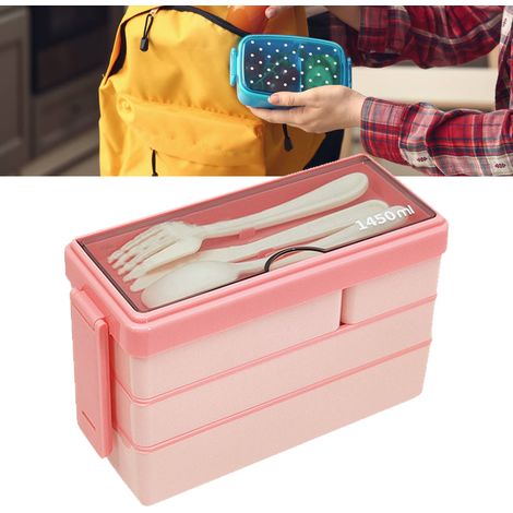 Boîte à lunch Bento pour adulte, 3 compartiments empilables, rose, idéale pour le travail, l'école et les pique-niques. (1/5)