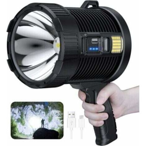 Projecteur rechargeable, 100000 lumens Led projecteur à main grande lampe de poche projecteur solaire extérieur super lumineux, avec lampe Cob, 6 modes, étanche IPX5 (noir)--