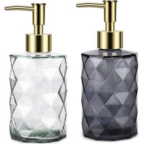 Liquid Soap Dispenser, Glass Soap Dispenser with Manual Pump, 2 Pack, Refillable Liquid Soap Dispenser for Bathroom, Kitchen, White + Gray Soap Dispenser (1/5)