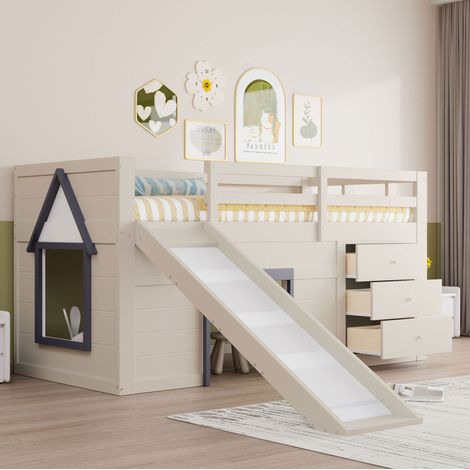 Lit mezzanine bas en pin et MDF crème 90x200 cm avec toboggan, 3 tiroirs et rangement intégré (1/5)
