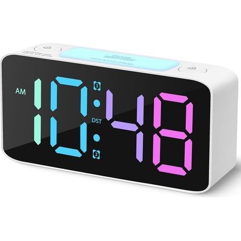 Bedroom Mini Alarm Clock - Extra Loud Alarm Clock (Suitable for Deep Sleepers) - Digital Alarm Clock with 7-Color Night Light - Adjustable Volume - USB Rechargeable - White (1/4)