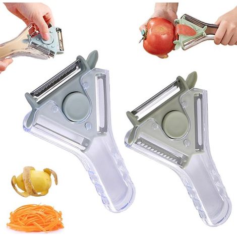 Lot de 2 - Éplucheur 3 en 1 - Éplucheur à légumes multifonctionnel - Éplucheur à pommes de terre - avec 3 lames - Éplucheur à fruits avec coupe-julienne - Bleu + Vert - pour éplucher et couper en juli (1/5)