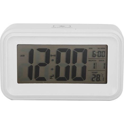 Réveil blanc avec affichage numérique LCD et rétroéclairage silencieux pour la maison et le bureau. (1/5)