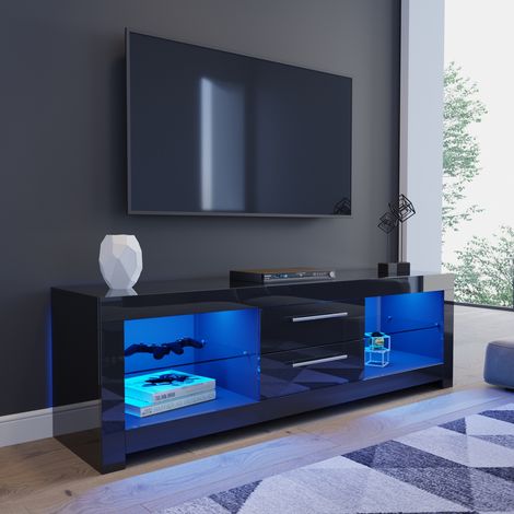 ELEGANT 1600mm Modern High gloss TV Stand Cabinet with LED Light for 22"-65" Flat Screen 4k TVs/Living Room Bedroom Furniture Television Unit TV Cabinet, Black