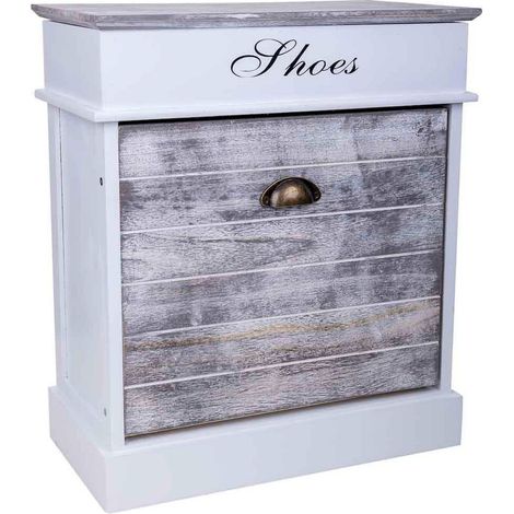 Meuble range chaussures blanc bois style campagne chic - Blanc et bois vieilli clair (1/5)