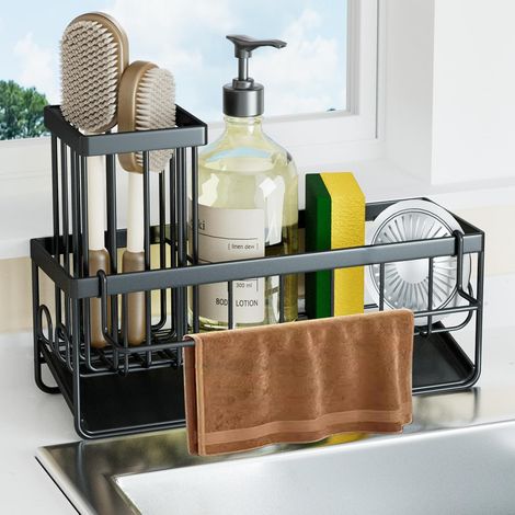 Organisateur d'évier de Cuisine, Porte Eponge evier avec torchons et Support pour Brosse, Organiseur d'évier en métal avec égouttoir Automatique - Peut être accroché au Mur - Noir (1/5)
