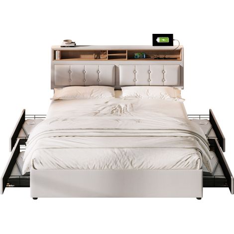 Lit avec Tiroirs Double 140 x 200 cm en Lin, 4 Tiroirs, USB, Type-C et Tête de Lit Réglable, sans Matelas, Beige (1/5)