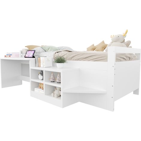 Kombi-Bett 90 x 200 cm aus Holz mit Integriertem Kleiderschrank und Multifunktionaler Steckdose, Ohne Matratze, Weiß (1/5)