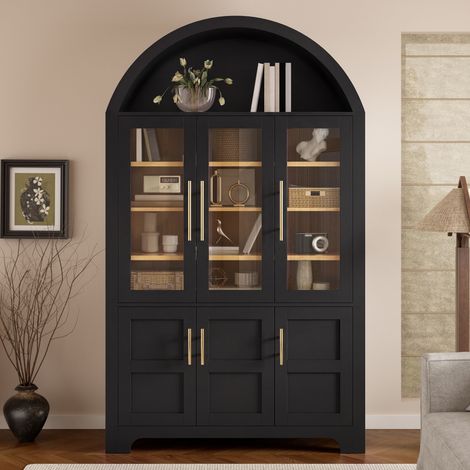 Vaisselier 185 cm Bois Noir Portes Vitrées Niche Archée Étagères - Réglables Meuble Rangement Cuisine Salon Nordique
