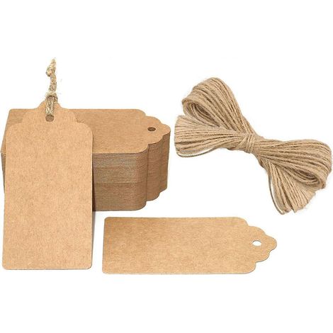 100 étiquettes en papier kraft, étiquettes cadeaux 5 x 10 cm avec ficelle de jute, pour mariage, Saint-Valentin, anniversaire, Noël (marron)